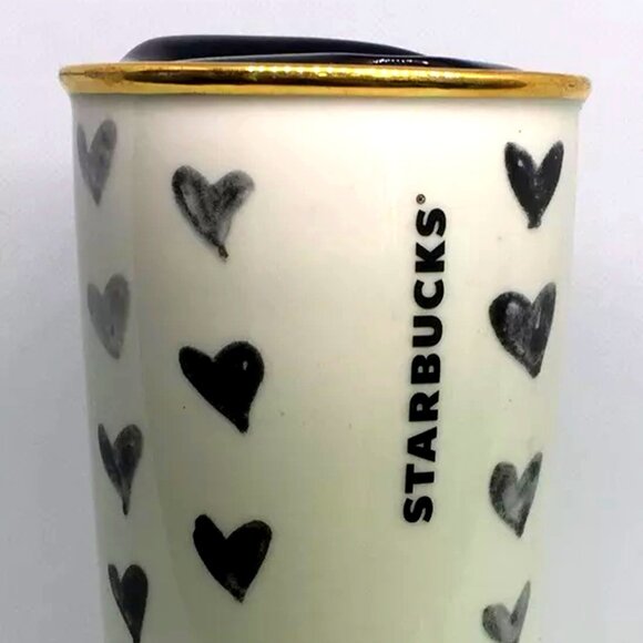 RARE 2014 Starbucks Dot Collection Monochromic Black Hearts Ceramic Travel Mug - Picture 3 of 8